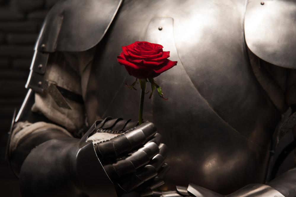 An armored knight holding a rose, depicting how we present love from behind the safety of our walls and armor.